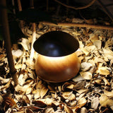 Bell LED Wooden Rechargeable Outdoor Table Lamp with domed black metal shade on a rounded wooden base, glowing warm white, set outdoors among dried leaves.