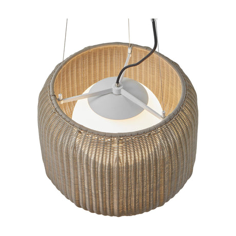 Fora S Drum LED Outdoor Pendant Light in Light Beige, a woven drum shade with white opal globe and grey frame, shown from below on a plain white background.