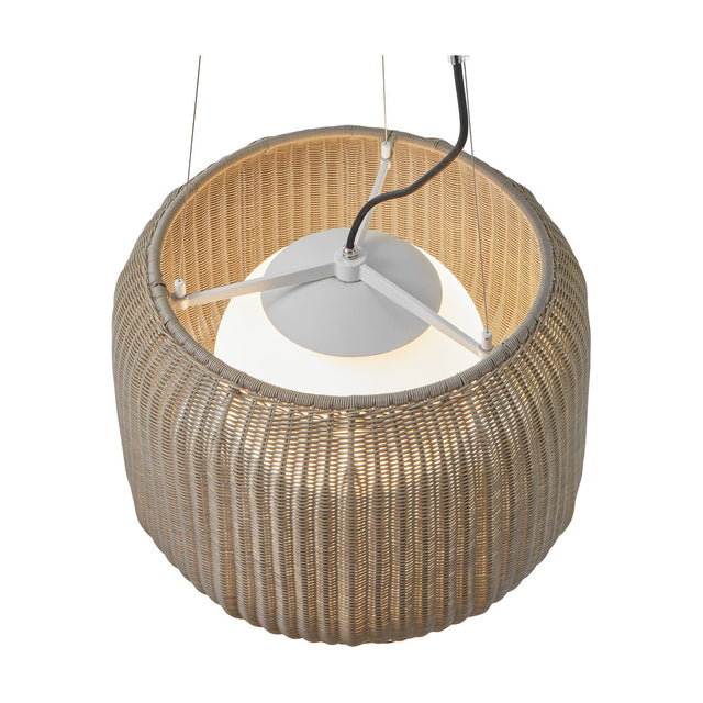 Fora S Drum LED Outdoor Pendant Light in Light Beige, a woven drum shade with white opal globe and grey frame, shown from below on a plain white background.