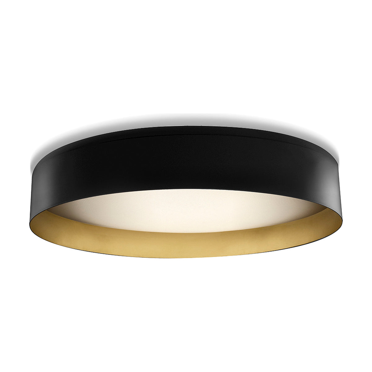 Ginevra LED Flush Ceiling Light 80cm in Matt Black & Brass, a round drum fixture with a brass inner band around a white diffuser, shown on a plain white background.