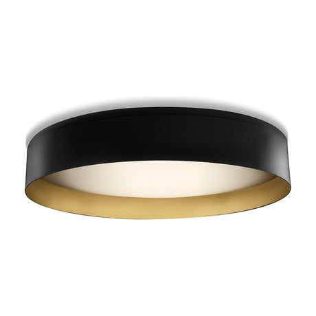 Ginevra LED Flush Ceiling Light 80cm in Matt Black & Brass, a round drum fixture with a brass inner band around a white diffuser, shown on a plain white background.