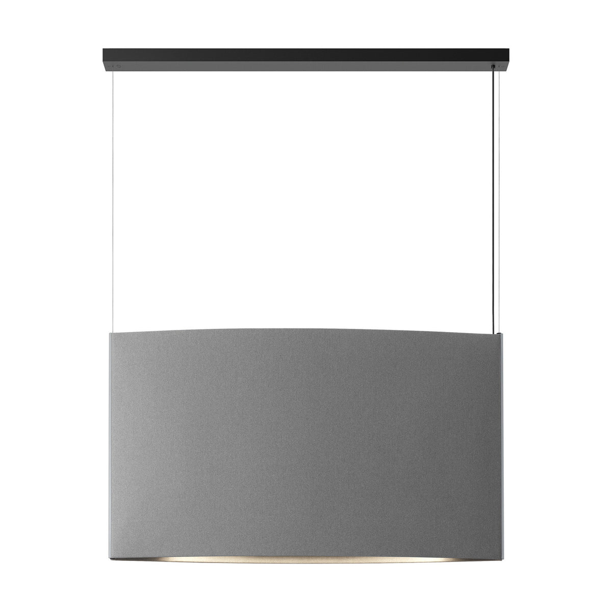 Noren S/123.2 fabric LED pendant light with a wide curved light grey shade suspended on two fine wires from a black ceiling bar, shown against a plain white background.
