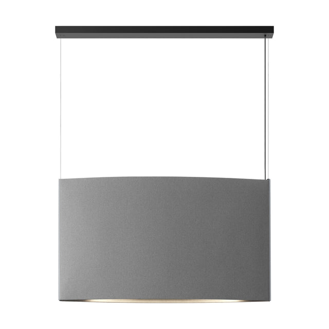 Noren S/123.2 fabric LED pendant light with a wide curved light grey shade suspended on two fine wires from a black ceiling bar, shown against a plain white background.