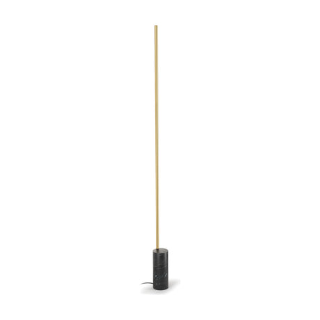Hilow Line Nero Marquina floor lamp with a slim brushed brass rod rising from a black, white-veined marble cylindrical base, shown on a plain white background.