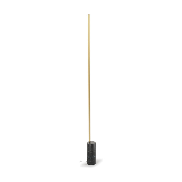 Hilow Line Nero Marquina floor lamp with a slim brushed brass rod rising from a black, white-veined marble cylindrical base, shown on a plain white background.