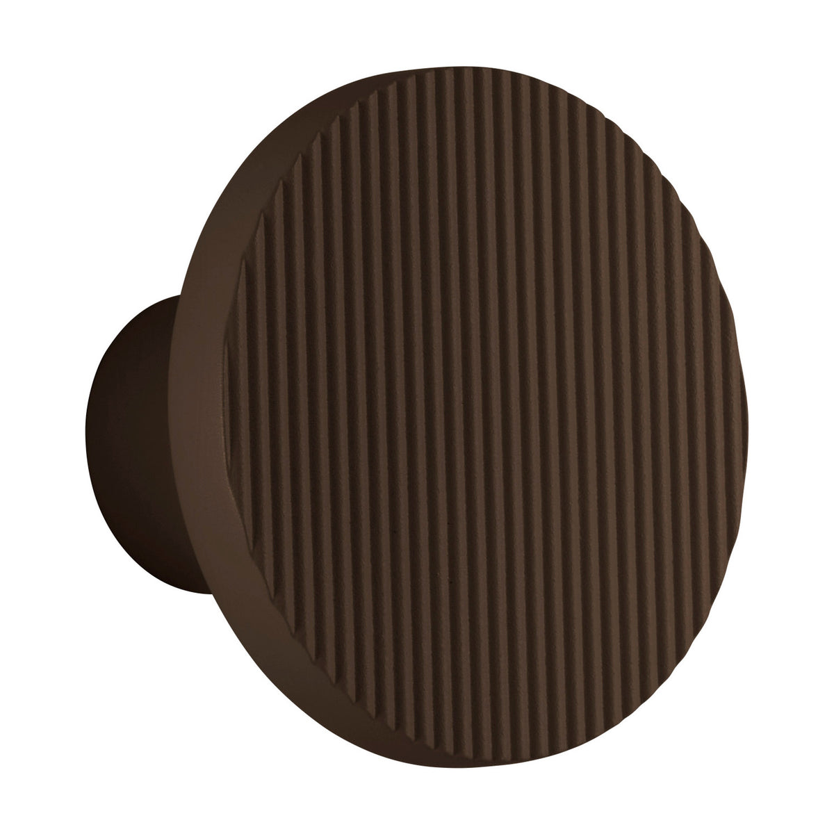 Arid A/01 round aluminium LED wall light in Textured Graphite Brown, a fluted disc on a short stem, shown on a plain white background.
