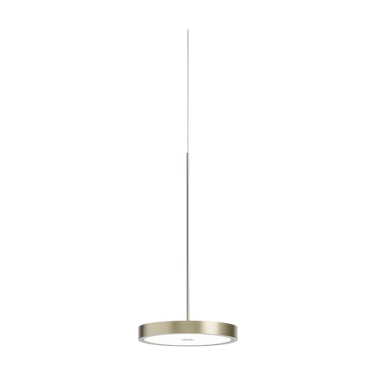 Dip Disc LED Pendant Light in brushed champagne finish, a slim round disc shade on a thin suspension rod, shown against a plain white background.