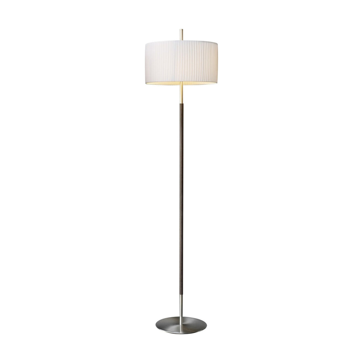 Danona P fabric drum floor lamp with white pleated shade, slim stem in satin nickel and dark leather, round base, on a plain white background.