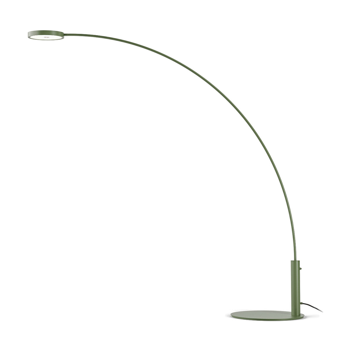 Dip Arc LED Outdoor Floor Lamp in textured olive green, with a slim curved arm rising from a round flat base to a disc-shaped head, shown on a plain white background.