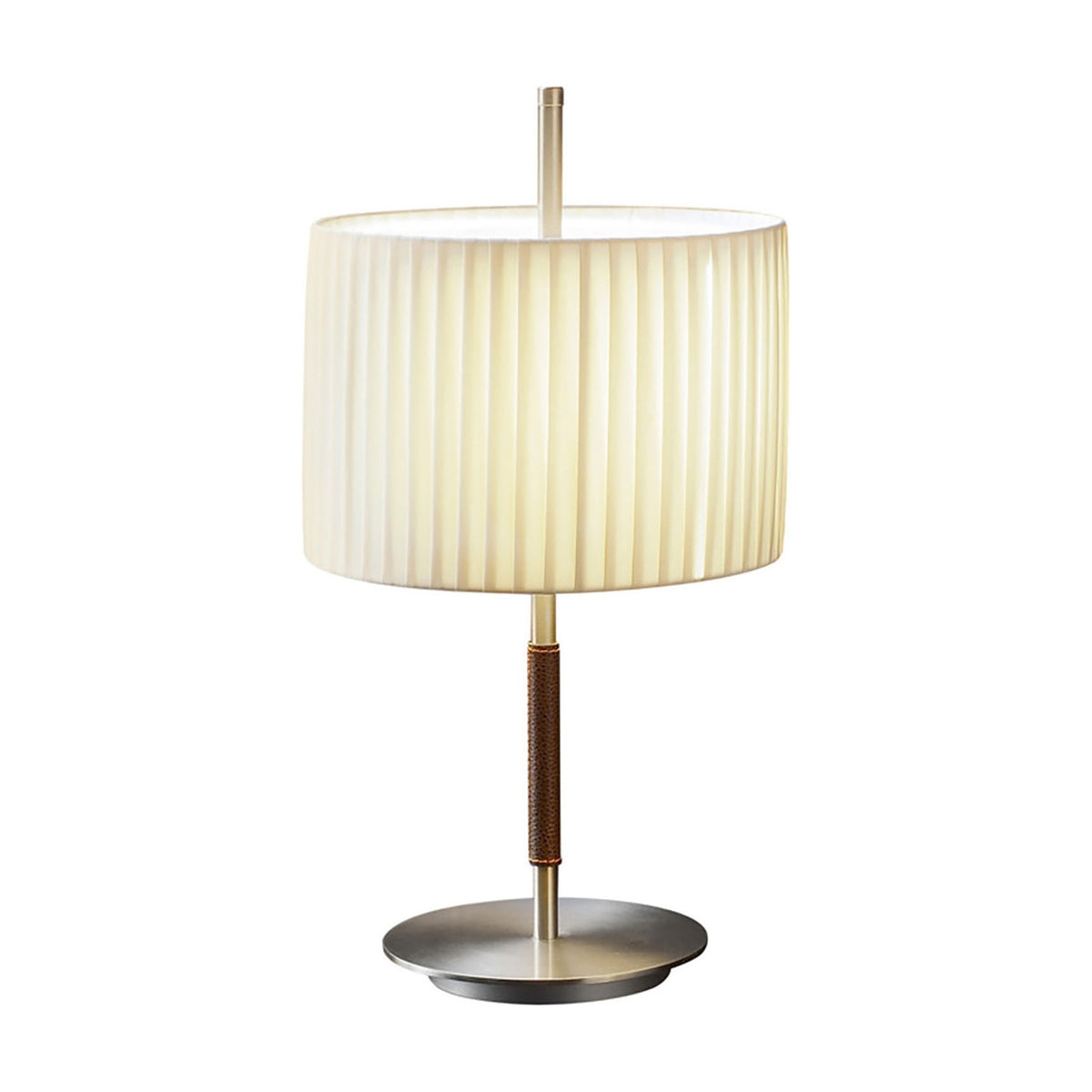 Danona Mini Ribbon Drum Table Lamp with pleated cream fabric shade, slim satin nickel stem with brown leather grip, and round nickel base on a white background.
