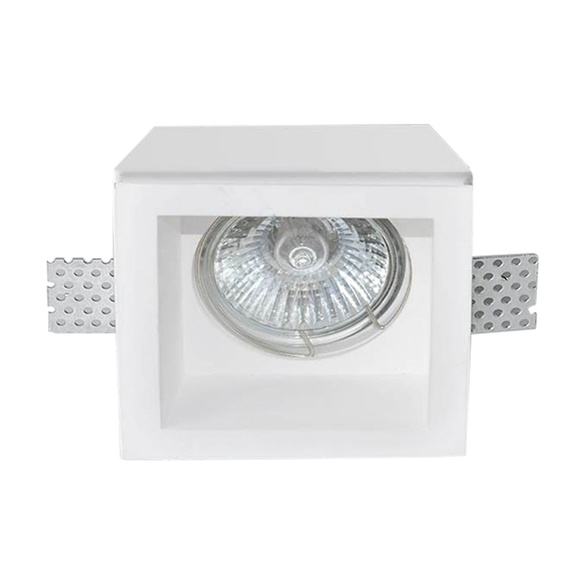 East Square Recessed Downlight 6cm in white plaster with a square opening, fitted with a GU10 bulb, mounting clips visible, shown on a plain white background.