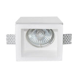 East Square Recessed Downlight 6cm in white plaster with a square opening, fitted with a GU10 bulb, mounting clips visible, shown on a plain white background.