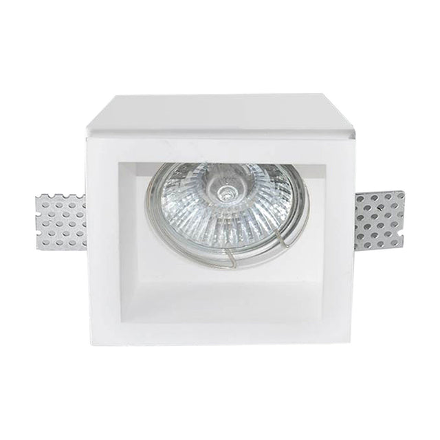 East Square Recessed Downlight 6cm in white plaster with a square opening, fitted with a GU10 bulb, mounting clips visible, shown on a plain white background.
