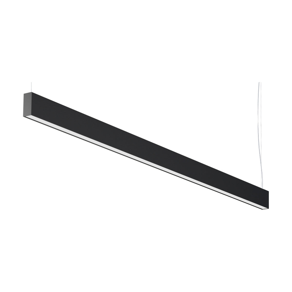 Giano Aluminium Linear LED Pendant Light 201.8cm in black, a slim rectangular bar suspended on two thin wires with a full-length diffuser strip, shown on a plain white background.