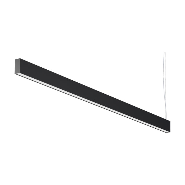 Giano Aluminium Linear LED Pendant Light 201.8cm in black, a slim rectangular bar suspended on two thin wires with a full-length diffuser strip, shown on a plain white background.