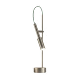Tubino Aluminium LED Table Lamp in brushed titanium, slim upright stem with angled cylindrical head, green looped cable, round base, on a plain white background.