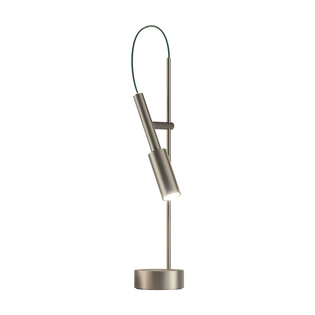 Tubino Aluminium LED Table Lamp in brushed titanium, slim upright stem with angled cylindrical head, green looped cable, round base, on a plain white background.