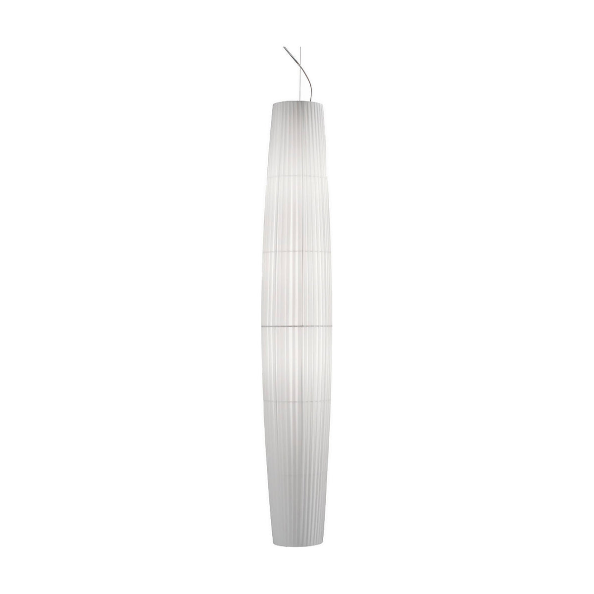 Maxi S/01 Ribbon LED pendant light with a tall, tapered column shade in pleated white translucent ribbon, banded at intervals, iron fittings, shown on a plain white background.