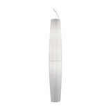 Maxi S/01 Ribbon LED pendant light with a tall, tapered column shade in pleated white translucent ribbon, banded at intervals, iron fittings, shown on a plain white background.