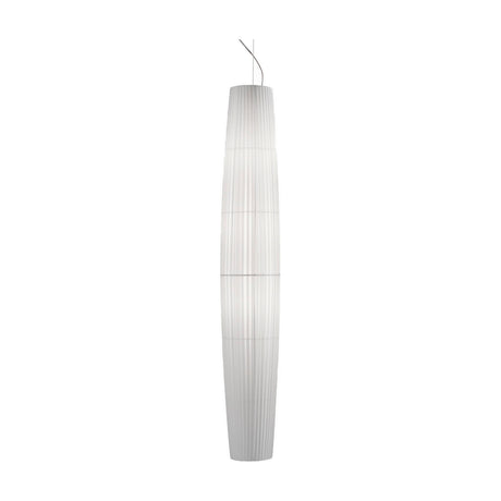 Maxi S/01 Ribbon LED pendant light with a tall, tapered column shade in pleated white translucent ribbon, banded at intervals, iron fittings, shown on a plain white background.