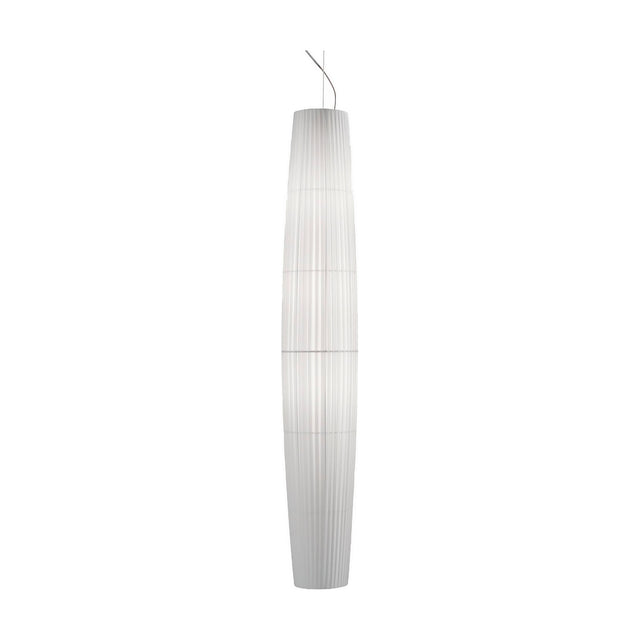 Maxi S/01 Ribbon LED pendant light with a tall, tapered column shade in pleated white translucent ribbon, banded at intervals, iron fittings, shown on a plain white background.
