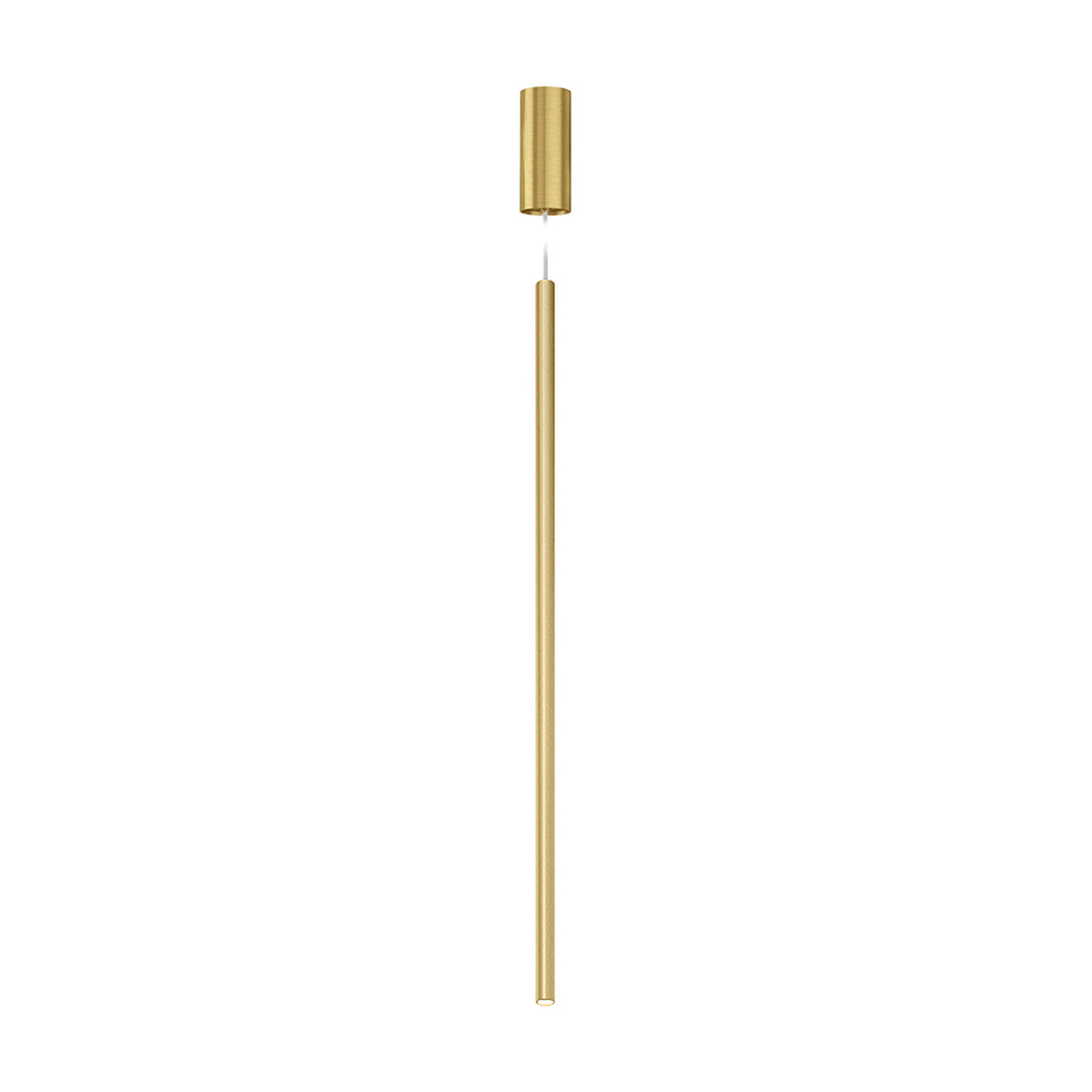 To-Be linear LED pendant light with slim 85cm aluminium tube in Brushed Brass, cylindrical ceiling canopy and integrated LED tip, shown on a plain white background.