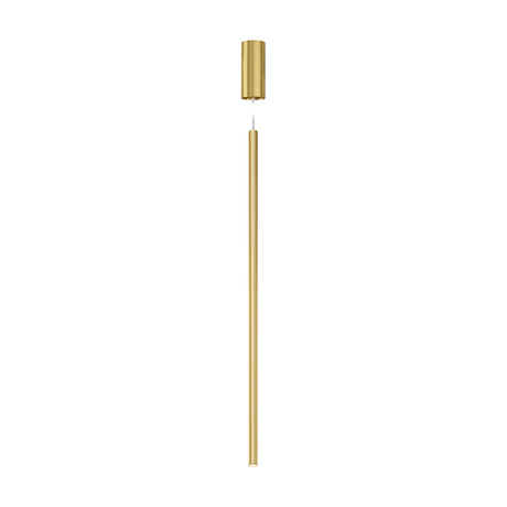 To-Be linear LED pendant light with slim 85cm aluminium tube in Brushed Brass, cylindrical ceiling canopy and integrated LED tip, shown on a plain white background.