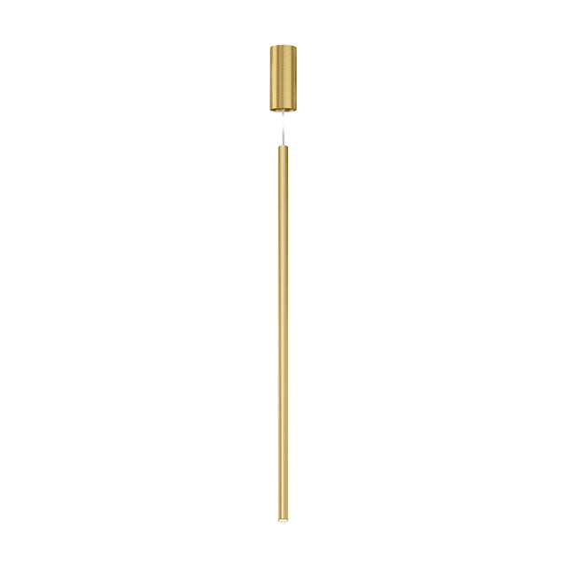 To-Be linear LED pendant light with slim 85cm aluminium tube in Brushed Brass, cylindrical ceiling canopy and integrated LED tip, shown on a plain white background.