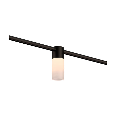 SIS Spot Glass LED Track Spotlight in matte black, a slim cylindrical head with frosted white diffuser mounted on a straight track, shown lit against a plain white background.