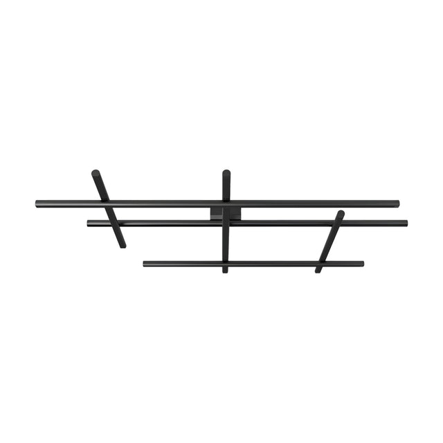 Hilow Black Diffuser Frame LED ceiling light with slim matt black bars forming an open crossed frame, integrated LED, dimmable, shown on a plain white background.
