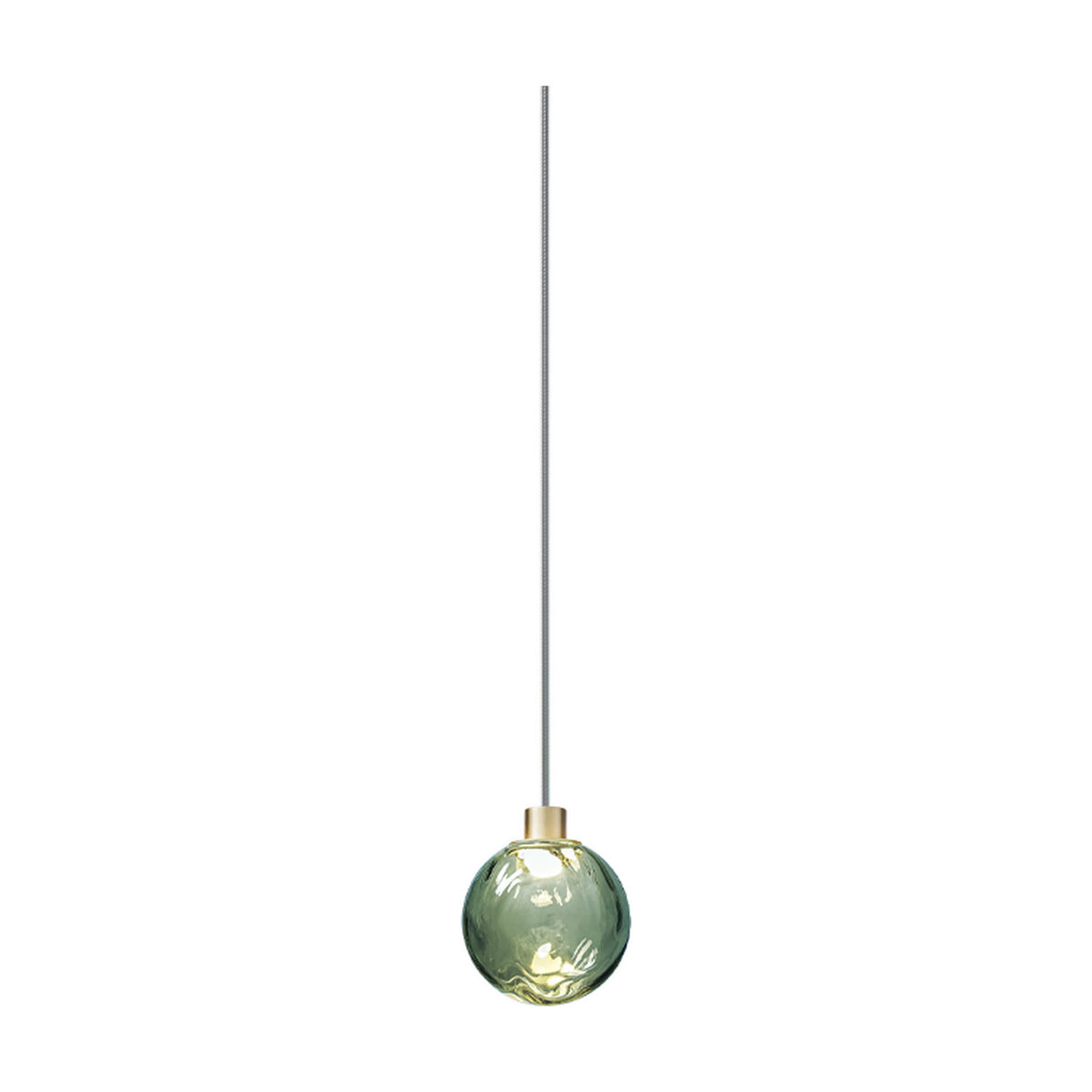 Murané pendant light with a 10cm Forest Green rippled glass sphere on a slim cable and Brushed Champagne collar, integrated LED, shown on a plain white background.