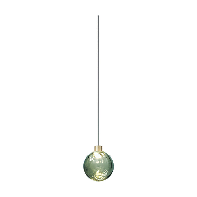 Murané pendant light with a 10cm Forest Green rippled glass sphere on a slim cable and Brushed Champagne collar, integrated LED, shown on a plain white background.