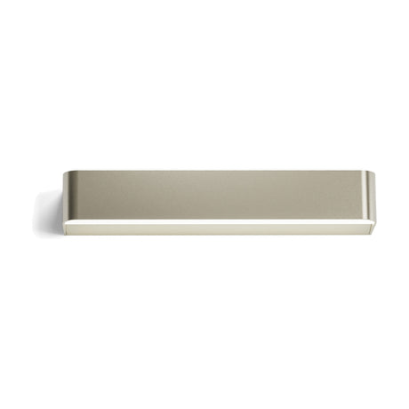 Toy R LED Wall Light 43.7cm, a slim rectangular fitting with rounded ends in a champagne-silver finish, shown front-on with a visible light strip along its lower edge on a plain white background.