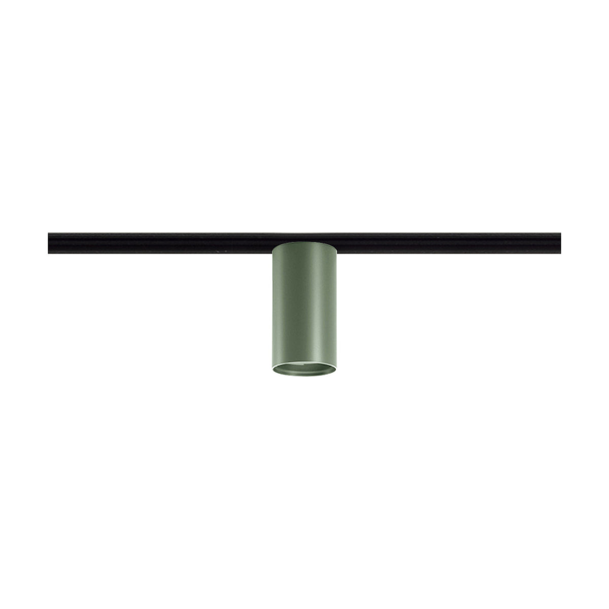 432 Ways Street cylinder track ceiling light in textured green, a single integrated LED spotlight mounted on a black track against a plain white background.