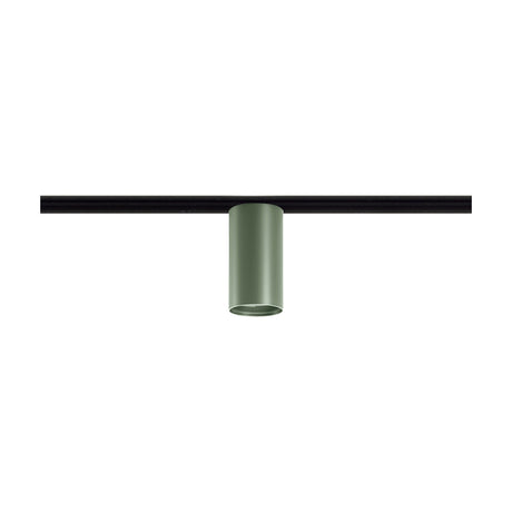 432 Ways Street cylinder track ceiling light in textured green, a single integrated LED spotlight mounted on a black track against a plain white background.