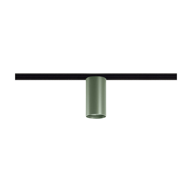 432 Ways Street cylinder track ceiling light in textured green, a single integrated LED spotlight mounted on a black track against a plain white background.