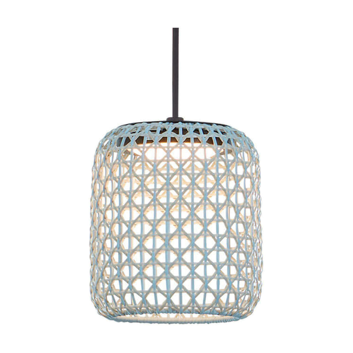 Nans S/16 Outrack LED outdoor track pendant light with a woven open-lattice shade in beige, light blue and light grey, suspended on a black cord against a plain white background.
