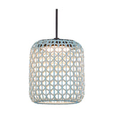 Nans S/16 Outrack LED outdoor track pendant light with a woven open-lattice shade in beige, light blue and light grey, suspended on a black cord against a plain white background.
