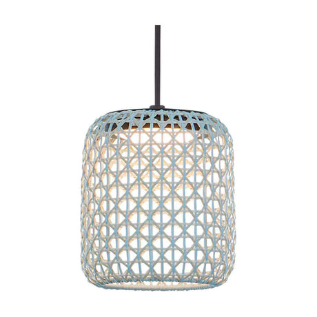 Nans S/16 Outrack LED outdoor track pendant light with a woven open-lattice shade in beige, light blue and light grey, suspended on a black cord against a plain white background.