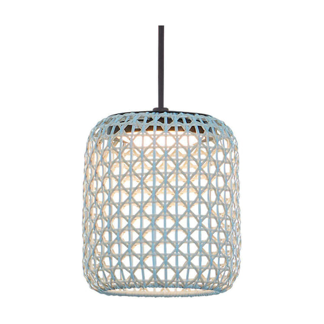 Nans S/16 Outrack LED outdoor track pendant light with a woven open-lattice shade in beige, light blue and light grey, suspended on a black cord against a plain white background.