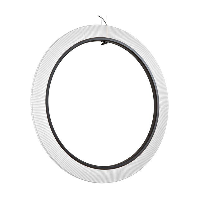 Roda S/150/V Ribbon Ring LED Pendant Light in white translucent ribbon with a dark inner ring, suspended on fine wires against a plain white background.