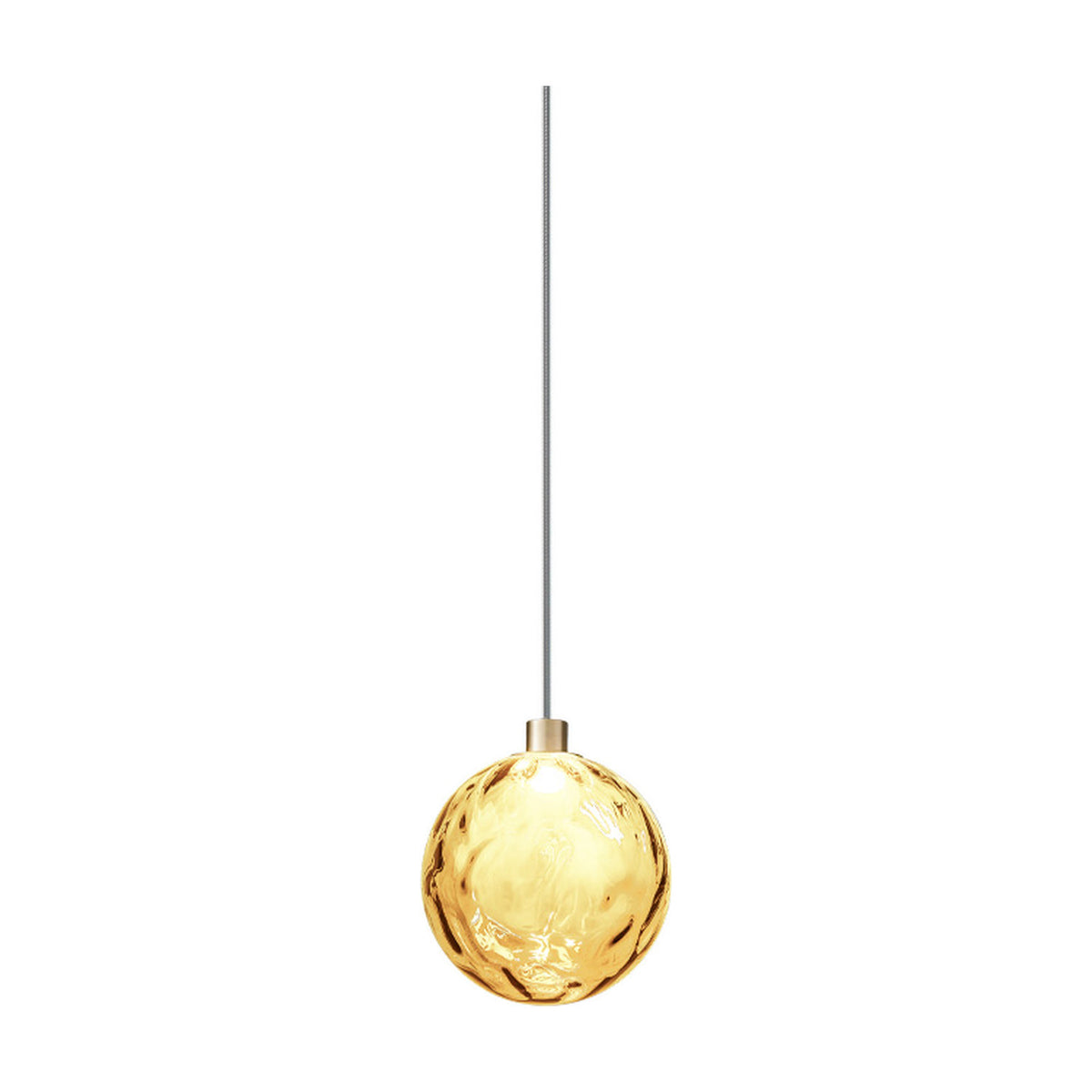 Murané Glass Sphere LED Pendant Light, 15cm rippled amber glass globe on a slim cord with a Brushed Champagne cap, shown lit against a plain white background.