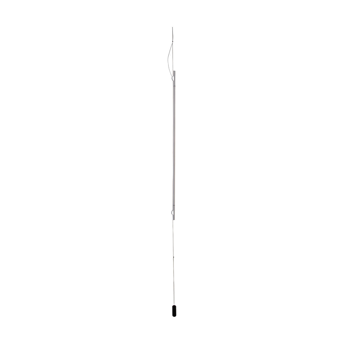 BIMU SV150 linear LED pendant light, a slender metal bar suspended by thin cables with a black weighted pull cord, shown in grey finish against a plain white background.