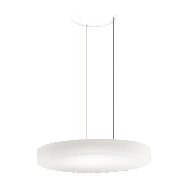 Côte LED pendant light with a broad, shallow frosted white glass disc shade, diagonally ribbed underside, suspended on three thin cables from a round ceiling canopy against a plain white background.