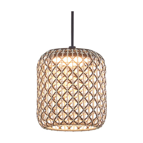Nans S/16 Outrack pendant light with barrel-shaped woven brown lattice shade, integrated LED glowing warmly, suspended from a black cord on a white background.