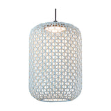 Nans S/31.2 Outrack woven LED outdoor track pendant light with a tall rounded lattice shade in light blue-beige, suspended on a black cord against a plain white background.