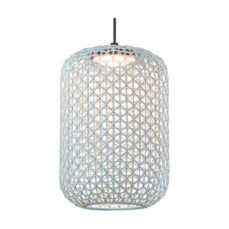 Nans S/31.2 Outrack woven LED outdoor track pendant light with a tall rounded lattice shade in light blue-beige, suspended on a black cord against a plain white background.