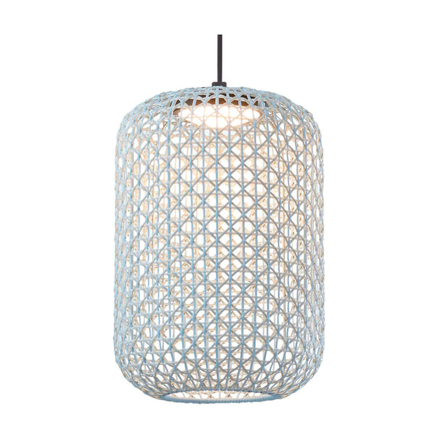 Nans S/31.2 Outrack woven LED outdoor track pendant light with a tall rounded lattice shade in light blue-beige, suspended on a black cord against a plain white background.