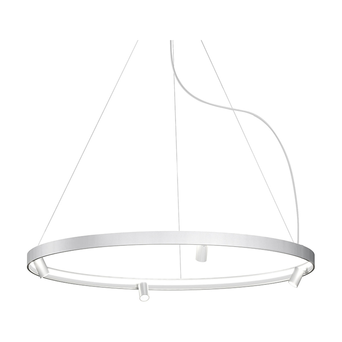 Arena Aluminium Ring LED Pendant Light 147cm, a slim white circular hoop with integrated LED and three adjustable spotlight heads, hung on fine suspension wires against a plain white background.
