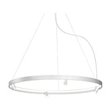 Arena Aluminium Ring LED Pendant Light 147cm, a slim white circular hoop with integrated LED and three adjustable spotlight heads, hung on fine suspension wires against a plain white background.